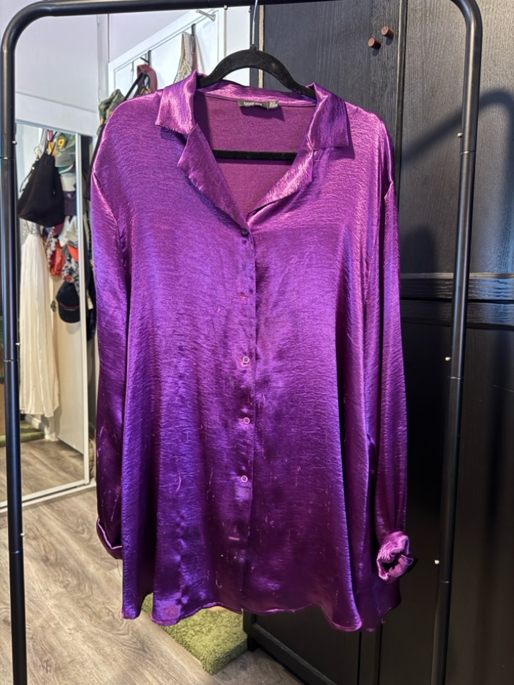 Boohoo Shiny Satin Button-Down Shirt in Purple
